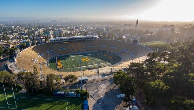 California Memorial Stadium. Aerial view of iconic sports venue, surrounded by city. Berkeley, California, USA. 1 July 2024