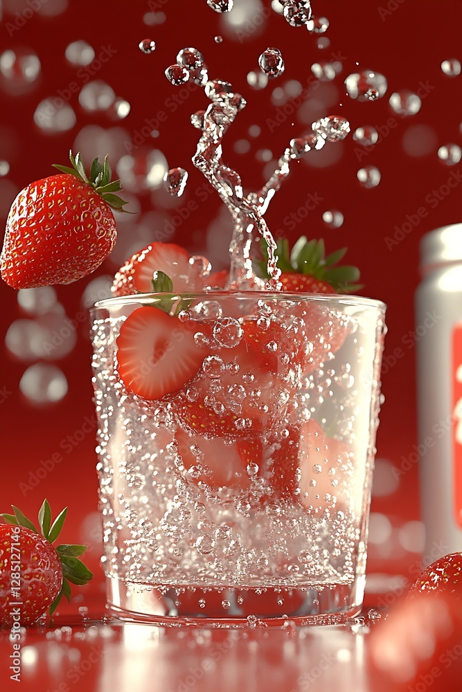 Poster Dynamic scene of strawberries bouncing in bubbles of sparkling water within a glass on a vivid red backdrop : Generative AI
