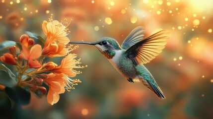Fototapeta premium Hummingbird in mid-flight drawing nectar from a radiant blossom, digital painting