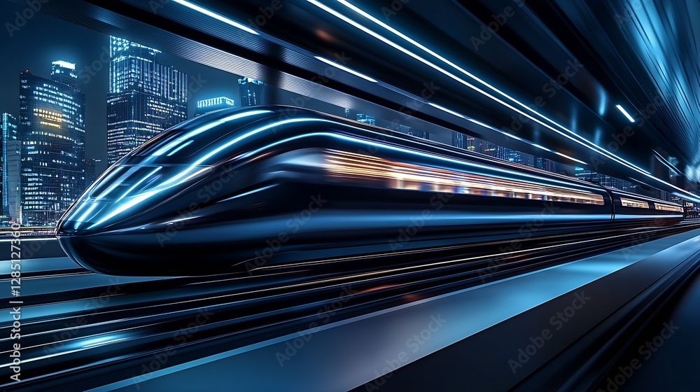 Aufkleber sleek high-speed train gliding through a metropolis showcasing speed while illuminated by vibrant ci