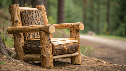 Rustic wooden chair made from logs in forest setting, inviting relaxation