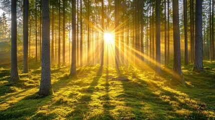 Naklejka premium Golden Hour in the Enchanting Forest: A Sunlit Pathway Through Majestic Trees