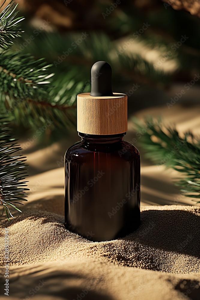 Poster stylish dropper bottle elegantly positioned on soft golden sand adorned with delicate pine branches 