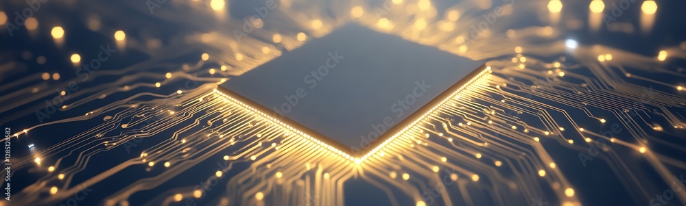Poster Close-up of a microchip on a circuit board with glowing connections and intricate patterns.