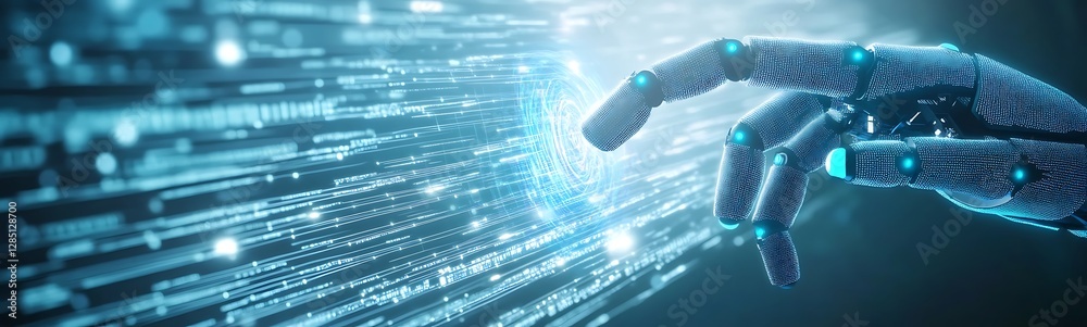 Fototapete Digital hand reaching towards flowing binary data, symbolizing technology and connection.