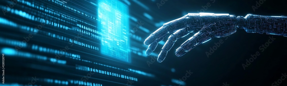 Poster Futuristic hand reaching towards a holographic display with digital data streams in a dark environment.