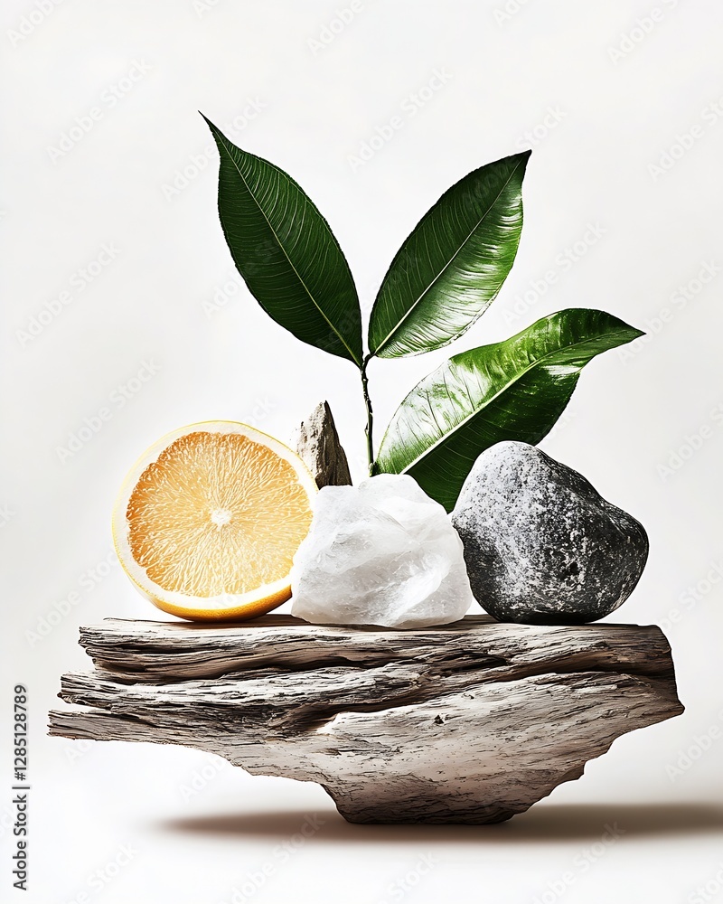 Aufkleber Eye-catching display of lemon and greenery on an artistic wooden block with natural stones for home styling : Generative AI