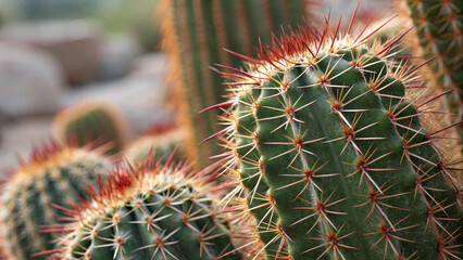 Fototapeta premium Cacti with sharp spines in desert landscape, showcasing their unique beauty