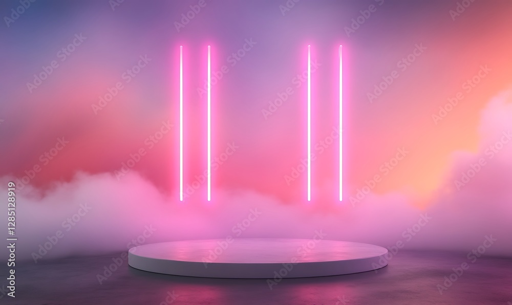 Aufkleber a futuristic scene with a circular platform and glowing pink neon lights against a colorful, misty b