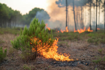 A small green tree is surrounded by fire