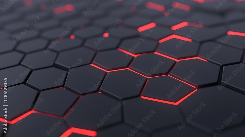 Aufkleber Hexagonal pattern with glowing red accents on a dark surface, offering a futuristic look.