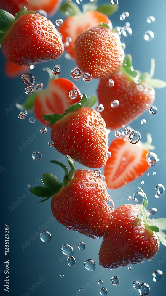 Poster strawberries surrounded by sparkling water drops offering a delightful and refreshing view of nature