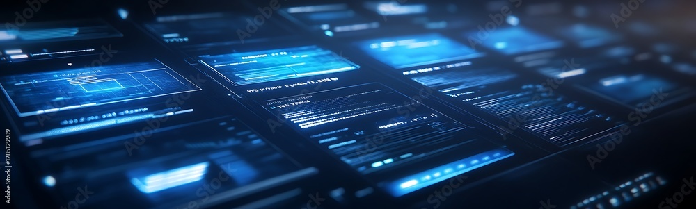 Poster Futuristic digital interface with glowing screens and data visualization in blue tones.