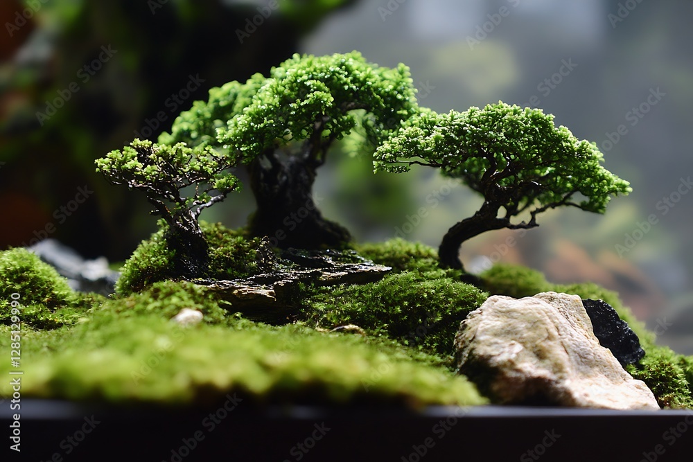 Aufkleber Artistic display featuring multiple bonsai trees on a rock base with vibrant moss creating an enchanting scene : Generative AI