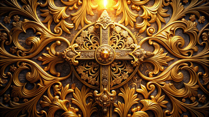 Golden ornate cross surrounded by intricate baroque patterns, radiating elegance