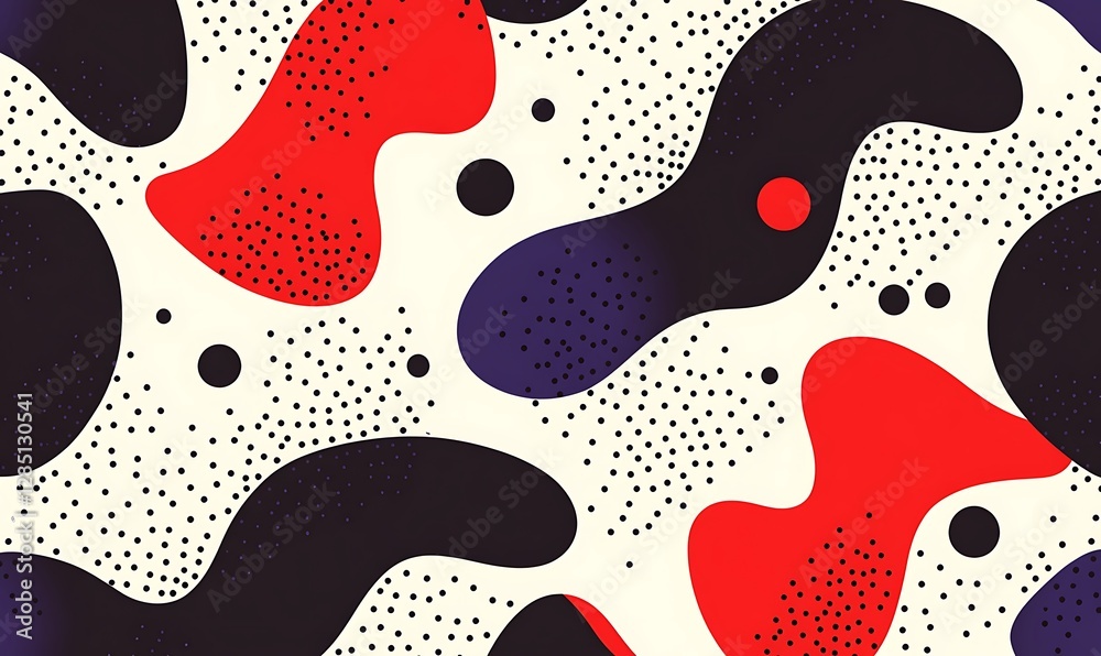 Poster abstract pattern featuring bold shapes in red, black, and cream with dotted accents.