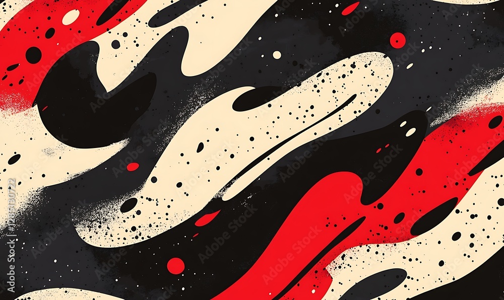 Poster abstract wavy pattern in red, black, and cream, featuring dynamic brush strokes and splatters.