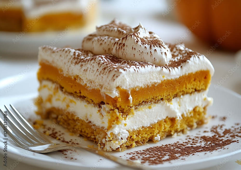 Poster Mouthwatering slice of pumpkin dessert with layers of whipped cream and a hint of cocoa served on a plate : Generative AI