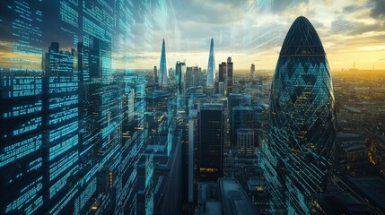 Urban skyline at dusk with digital data overlay depicting technology and innovation