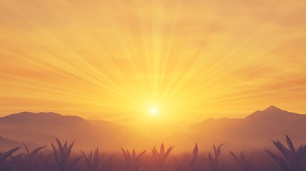 Obraz premium Golden sunrise over mountains with rays illuminating the sky and silhouettes of grass in the foreground.