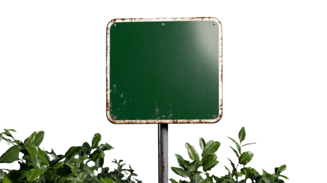 Faded green metal sign with rust marks on transparent background