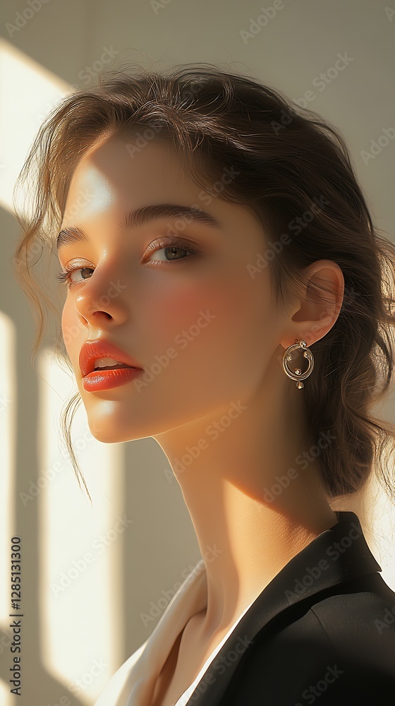 Poster elegant and artistic profile of a young woman with beautiful expression illuminated by soft light : 