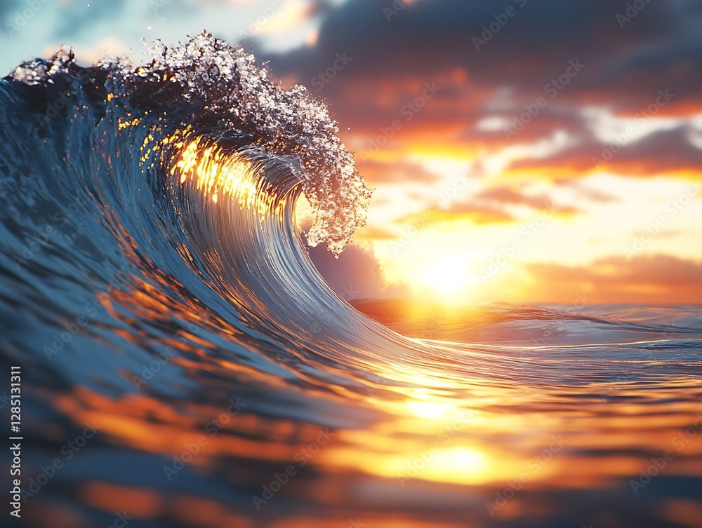 Poster Beautiful ocean wave with sunlight hitting the crest during sunset creating shimmering reflections on the surface : Generative AI