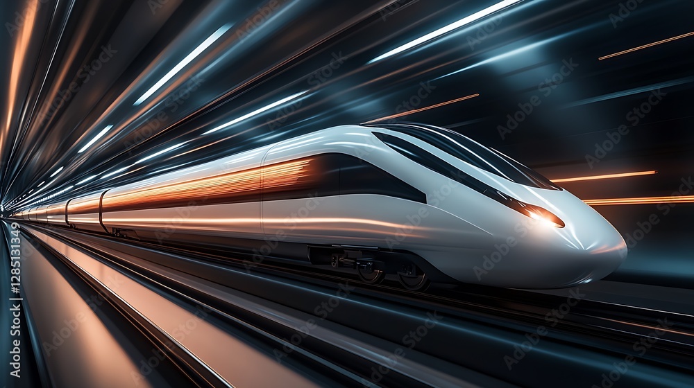Poster Elegant high-speed train gliding effortlessly through a bright futuristic corridor of light : Generative AI