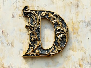 Ornate Letter D with Gold and Floral Design on Textured Wall