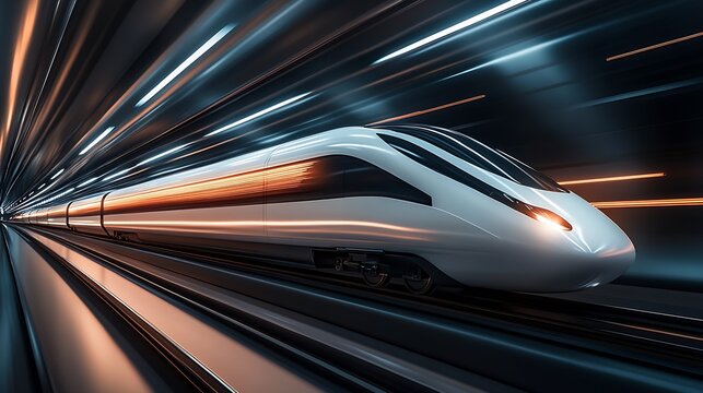 Elegant high-speed train gliding effortlessly through a bright futuristic corridor of light : Generative AI
