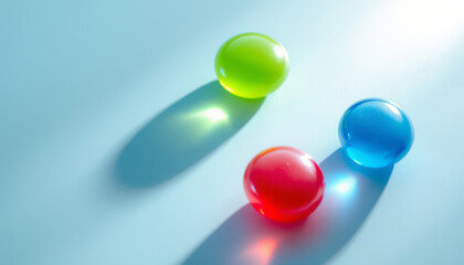 Three colored glass balls casting shadows on a blue background