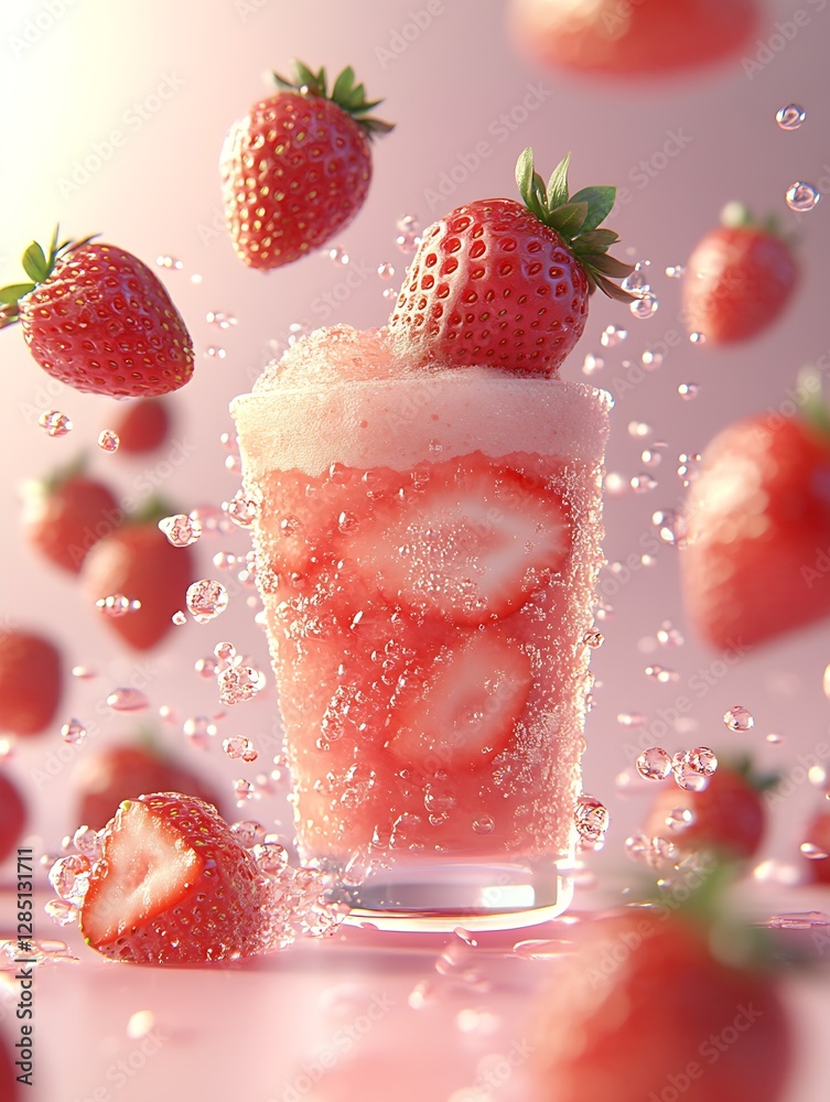 Poster Refreshing Strawberry Drink Splashing with Bubbles and Fresh Strawberries Captured in Stunning Detail : Generative AI