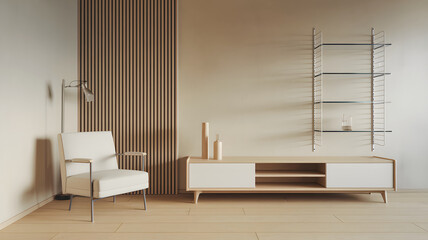 Minimalist living room with a white armchair, wooden media console, and light wooden wall accents.