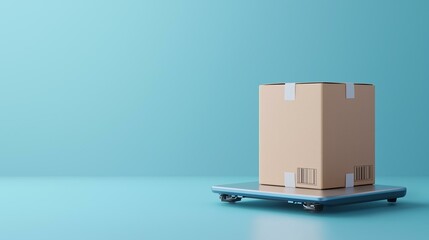 Cardboard box on a pallet against a blue background.