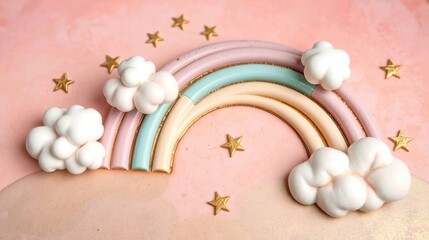 Design a dreamy and enchanting composition featuring a whimsical pastel rainbow, blending soft hues of pink, lavender, mint, and peach to create a magical and uplifting atmosphere.