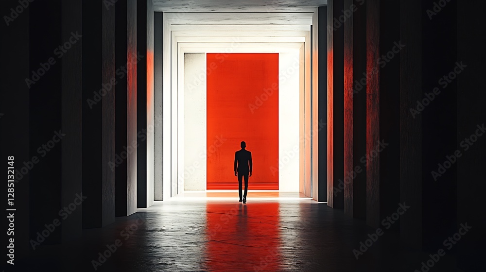 Poster A Sole Figure Positioned In A Hallway Aimed At A Luminous Red Wall Creating Drama : Generative AI