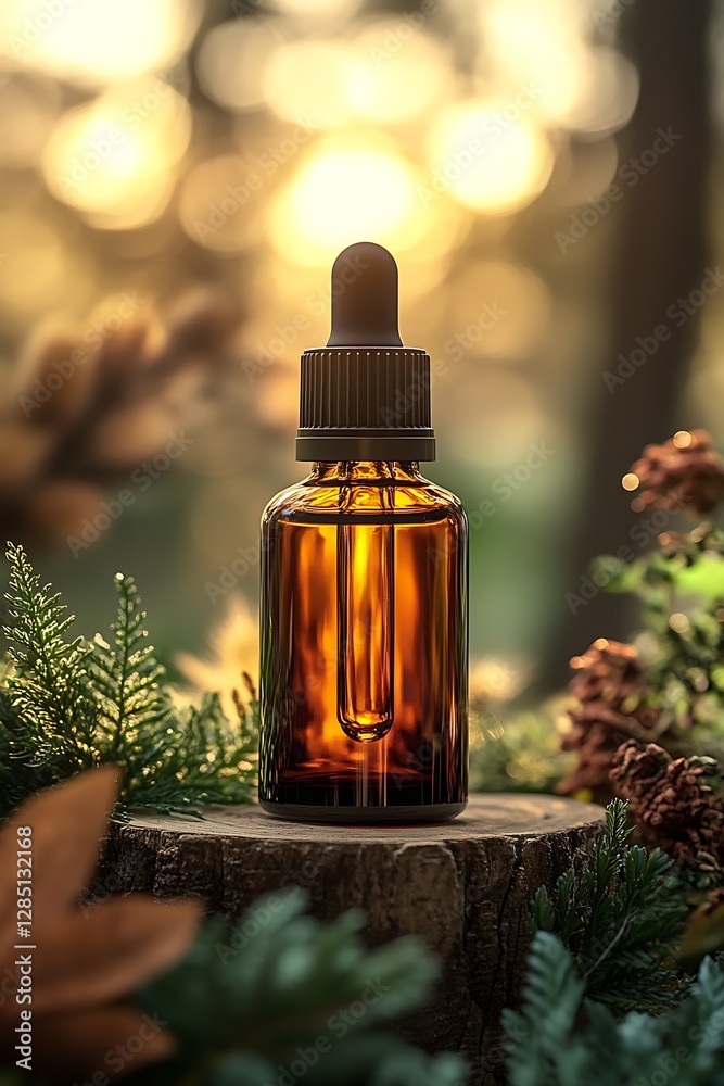 Poster beautiful amber glass dropper bottle surrounded by nature with sunlight in the background creating a