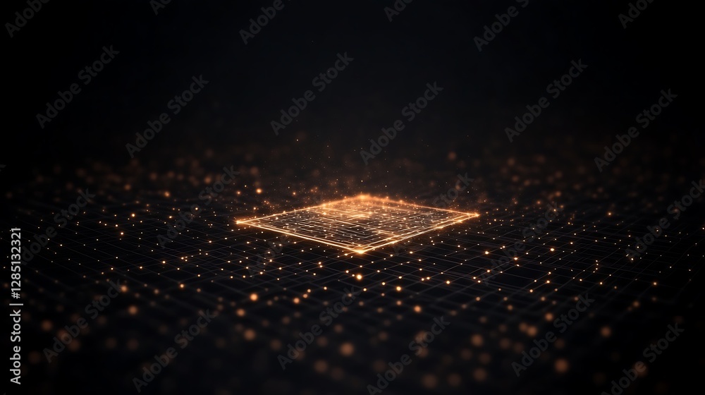 Aufkleber a glowing square amidst a sea of shimmering particles in a dark background.