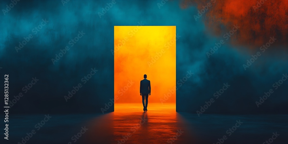 Poster lonely figure walking towards a luminous orange portal in a gloomy and atmospheric environment : gen