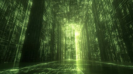 Enigmatic Green Digital Maze with Glowing Lines and Abstract Patterns