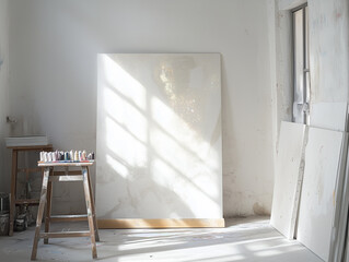 白いキャンバスが置かれたアトリエ