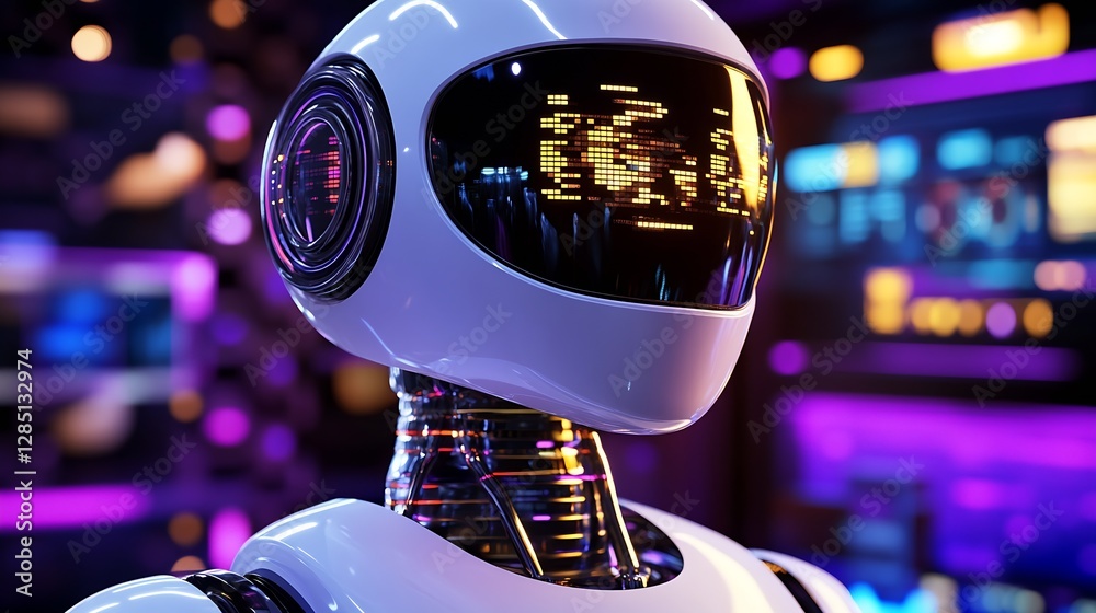 Poster Sophisticated humanoid robot with an intricate display panel in a colorful tech setting : Generative AI