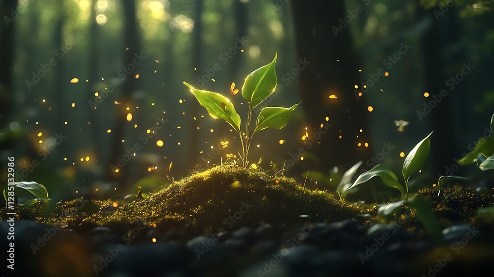 Poster Glowing sprout amidst the forest illuminated by sunlight and particles creating an enchanting atmosphere : Generative AI