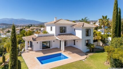 Modern White Villa with Pool and Scenic Mountain View in Sunny Landscaped Garden