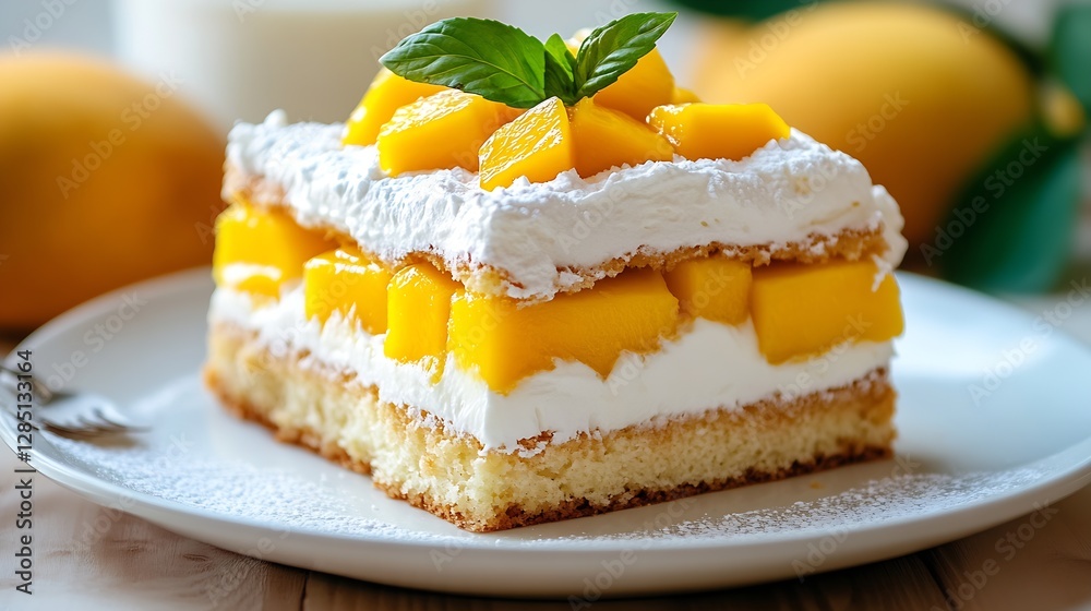 Poster Beautifully Crafted Layered Mango Cake with Cream Frosting and Fresh Mango Topping : Generative AI