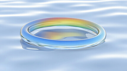 Fototapeta premium A colorful, translucent ring floating on calm water, reflecting soft light and creating a serene atmosphere