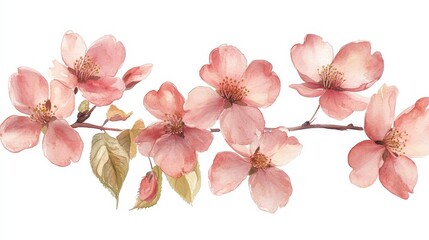 A delicate watercolor illustration of pink flowers on a branch.
