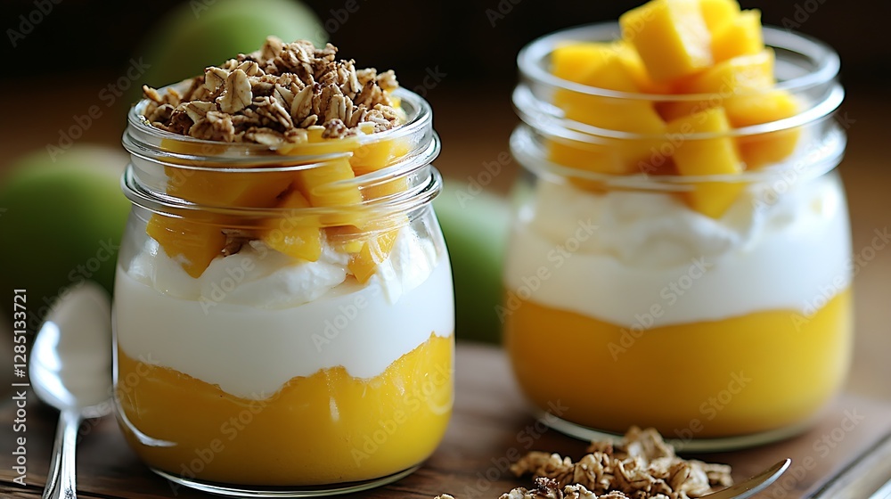 Poster Flavorful Mango Parfait with Soft Cream Yogurt and Crunchy Granola in a Cute Jar : Generative AI