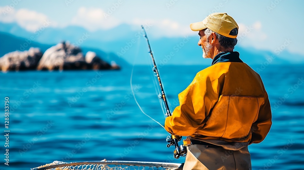 Aufkleber elderly fisherman casting a line from a fishing boat with a backdrop of mountains and calm waters : 