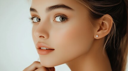 Fototapeta premium Stunning close up of a woman with expressive eyes and perfectly styled hair showcasing natural beauty in a soft light setting : Generative AI